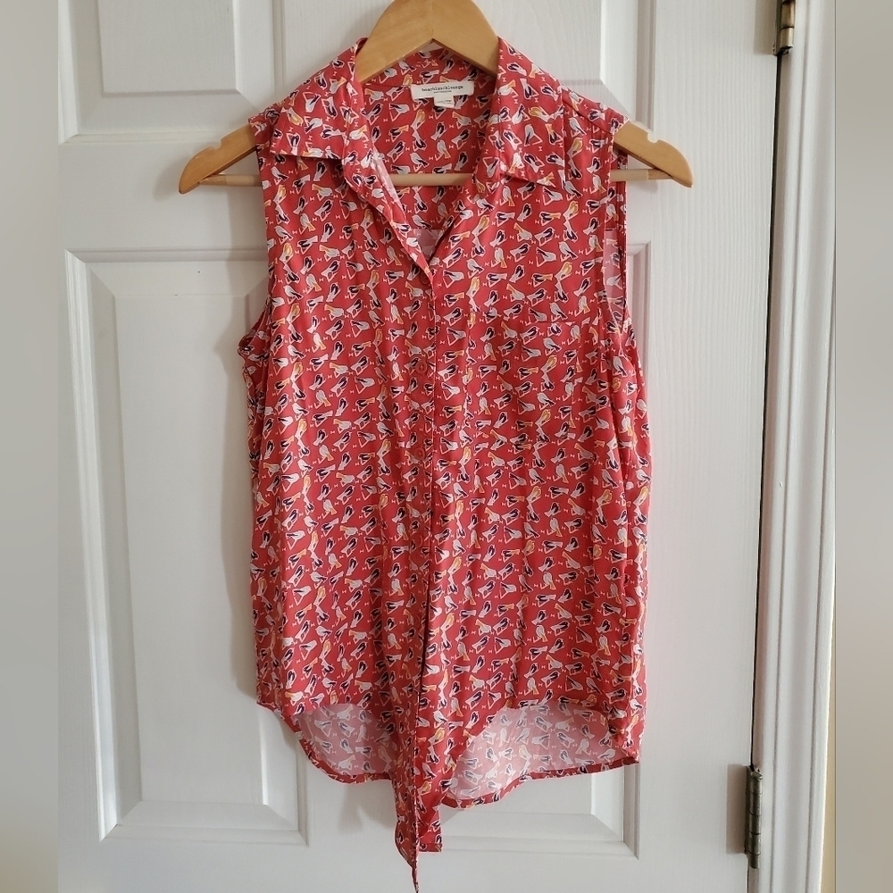 Beach Lunch Lounge Sleeveless Blouse Button Up Tied Waist Bird Pattern Womens Xs